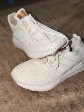 adidas Women's White Athletic Sneakers with Rose Gold Tongue Accent